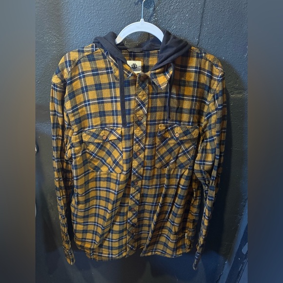 Element Mustard and Black Plaid Hooded Flannel Button Up - Picture 1 of 3